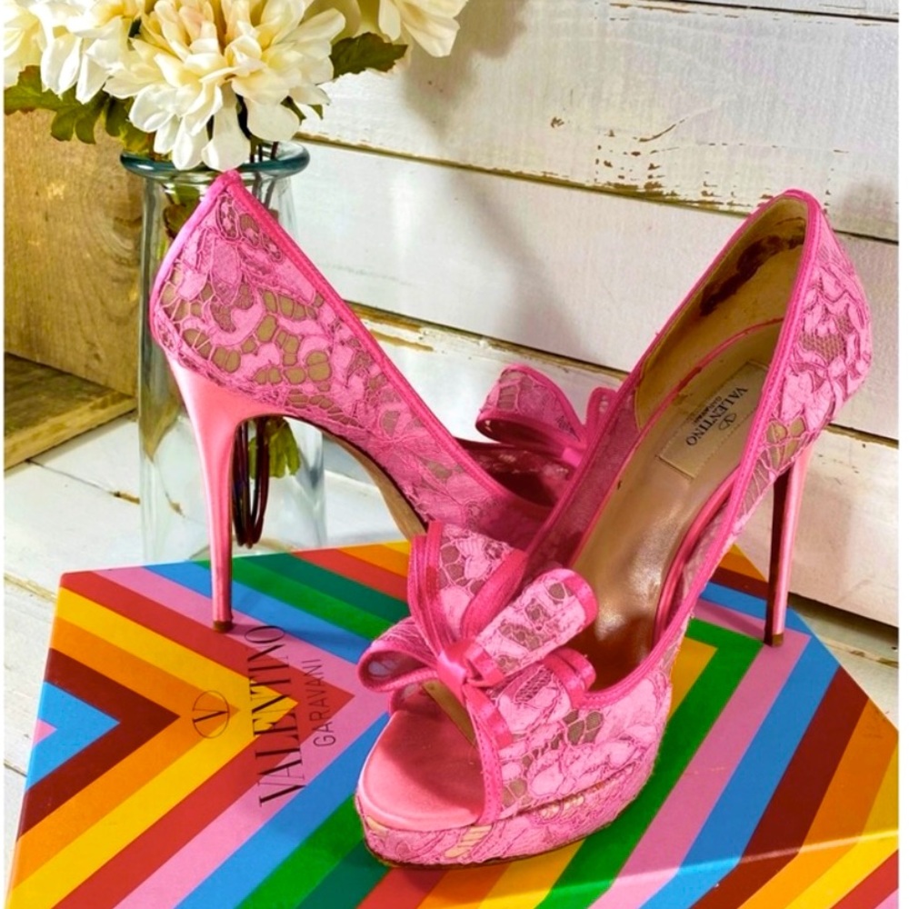 Valentino Garavani Hot Pink Lace Couture Bow Pumps
